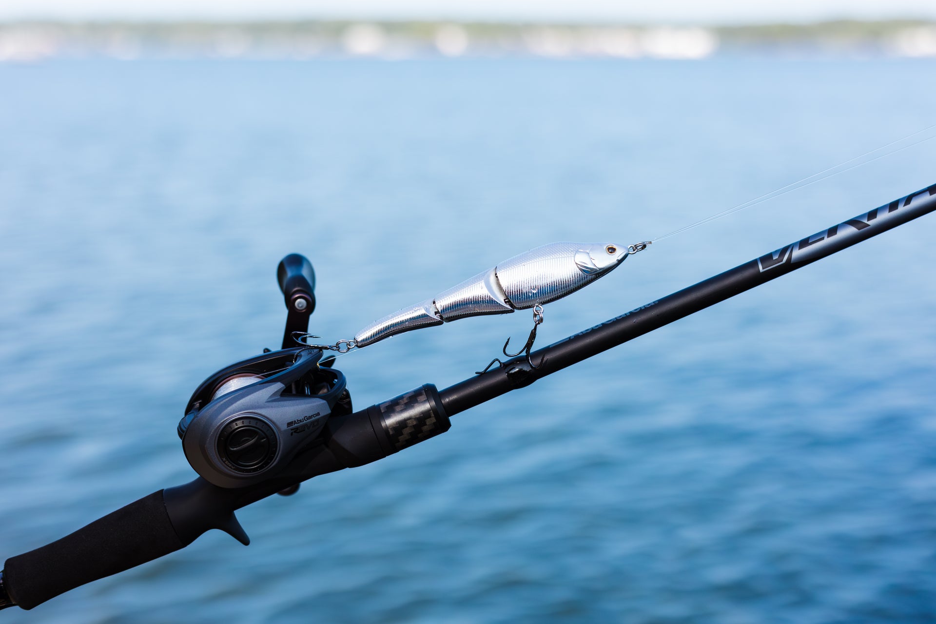 A rigged up Magic Swimmer® Freshwater bait tied to an Abu Garcia Veritas Combo on Lake Murrary