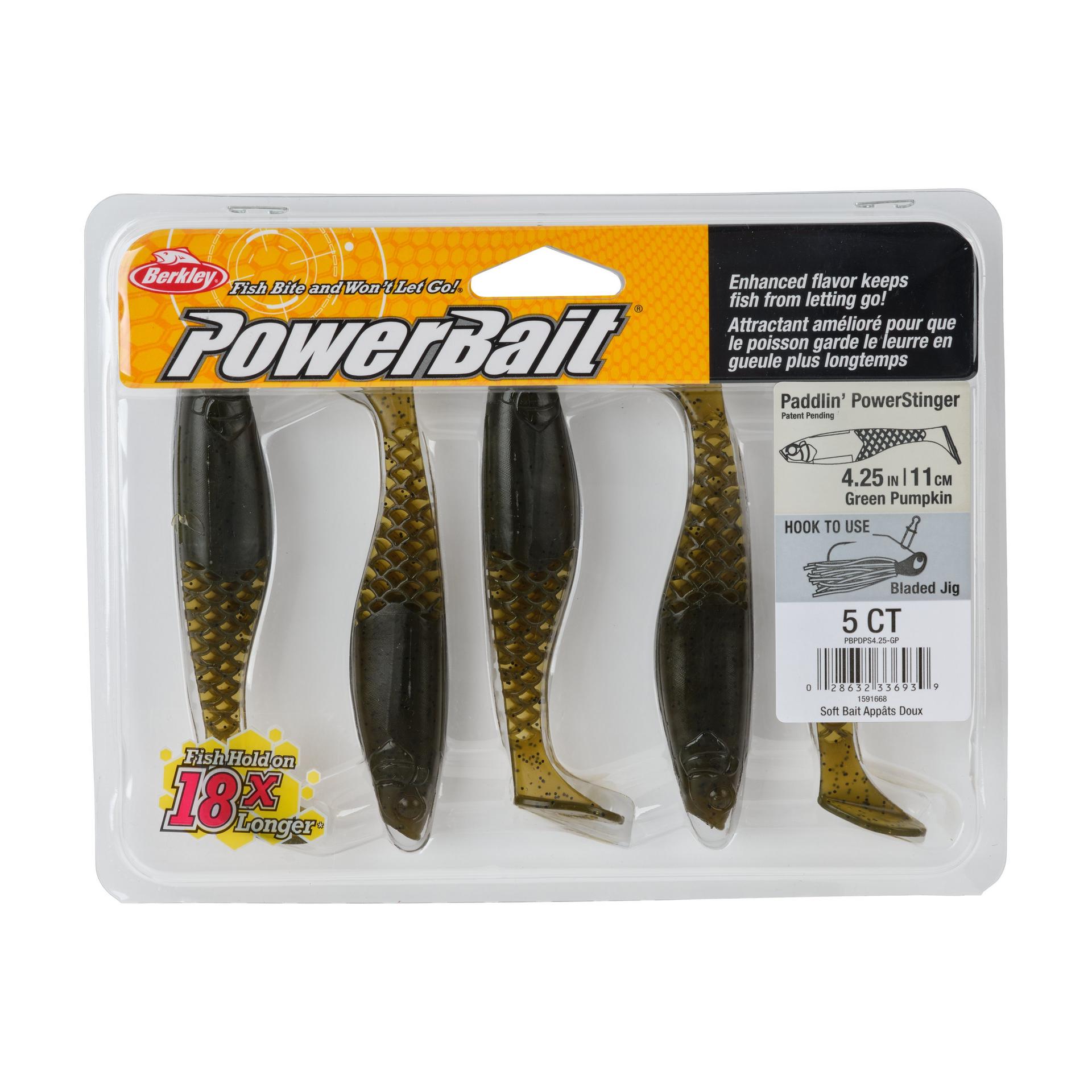 Berkley PowerBaitPaddlinPowerStinger GreenPumpkin 4.25in PKG | Berkley Fishing