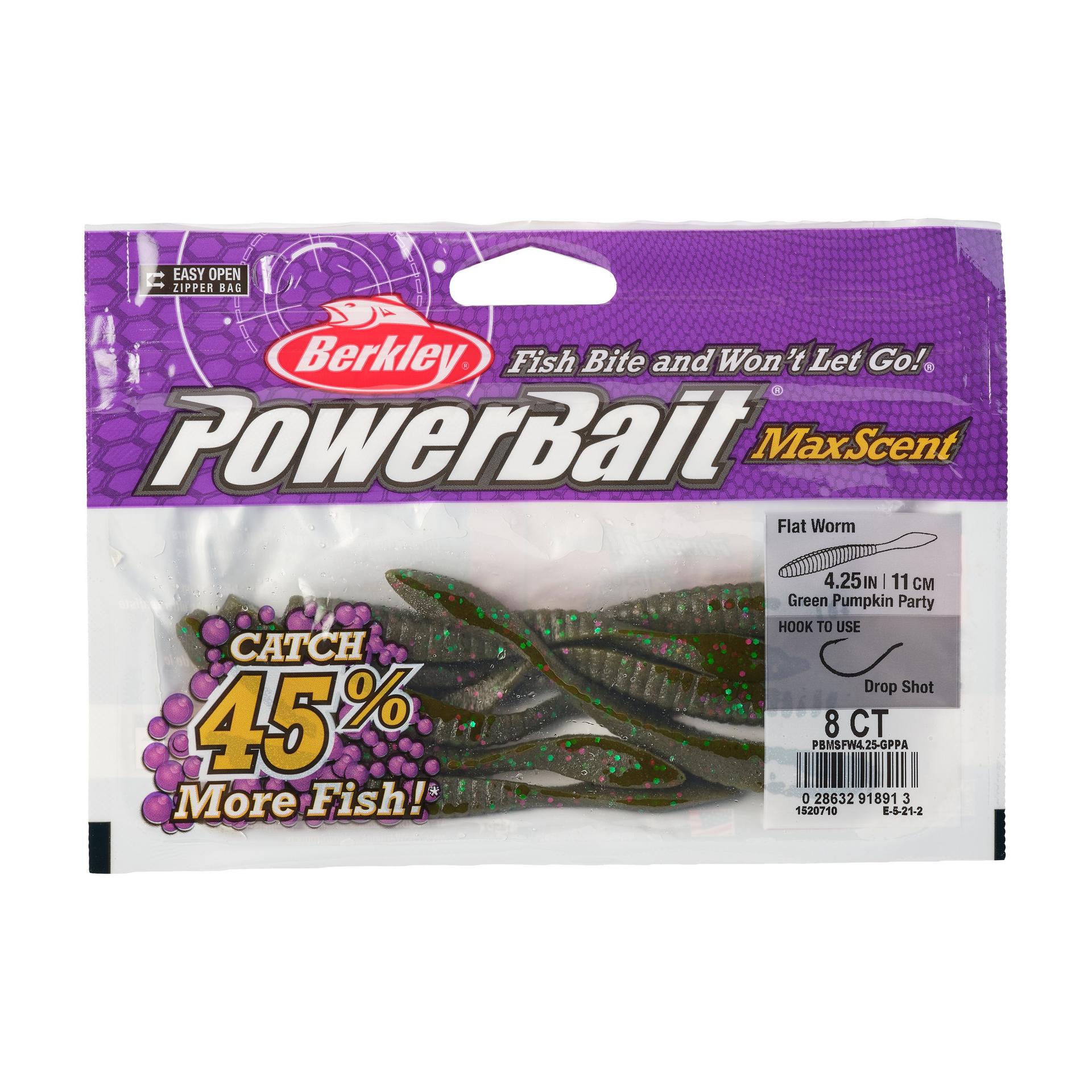 PowerBaitMaxScentFlatWorm GreenPumpkinParty 4.25in PKG | Berkley Fishing