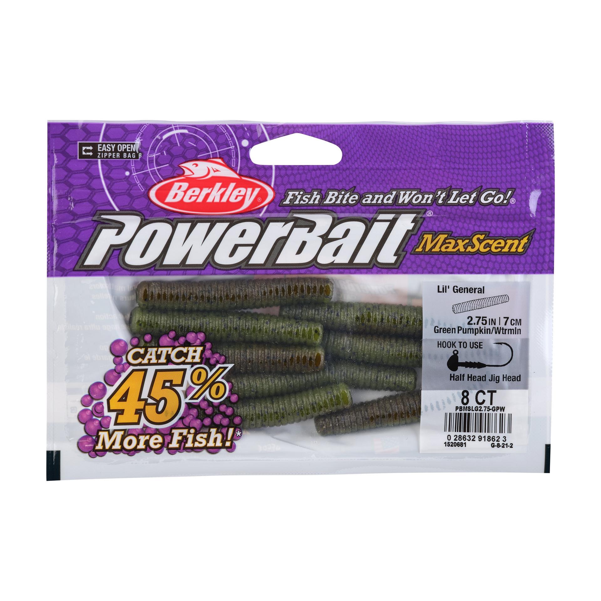 PowerBaitMaxScentLilGeneral GreenPumpkinWtrmln 2.75in PKG | Berkley Fishing