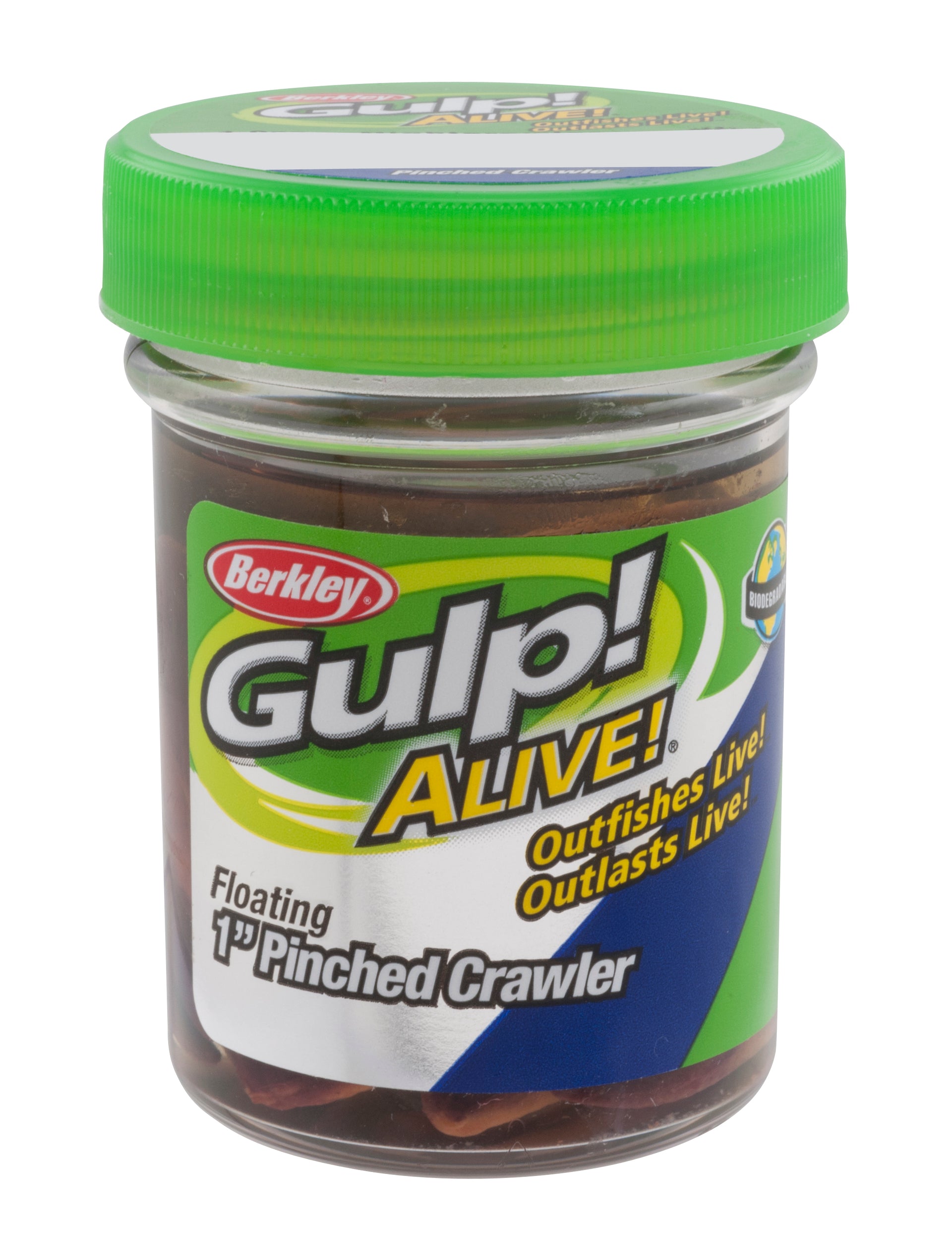 Jar of Berkley Gulp! Alive! fishing lures with green lid on a white background
