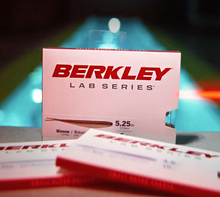 Berkley Lab Series packaging with fishing lures on a blurred background