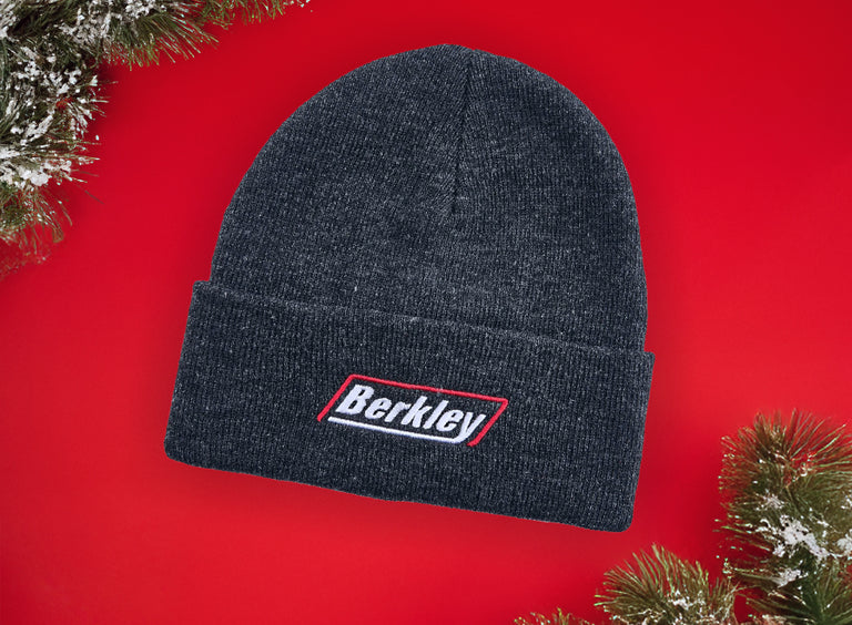 Dark gray beanie with 'Berkley' logo on a red background