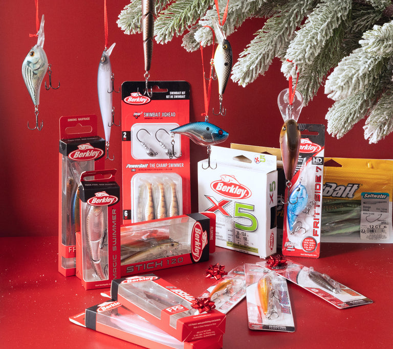 Holiday collection of Berkley baits and kits as tree ornaments.