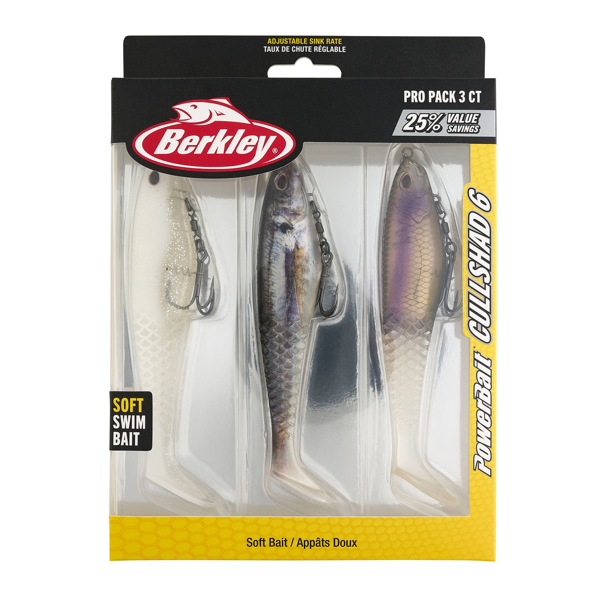 Berkley Powerbait Gullshad 6 Pro Pack 3 CT soft bait package containing three soft plastic fishing lures in a clear blister pack with a black and yellow cardboard backing.