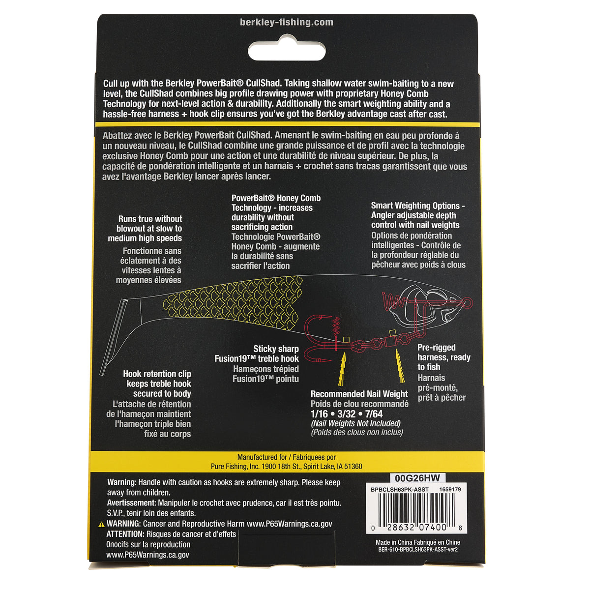 Back of a PowerBlast CandyShad swim-baiting hook product card with product features, hook retention details, and a barcode on a black background.