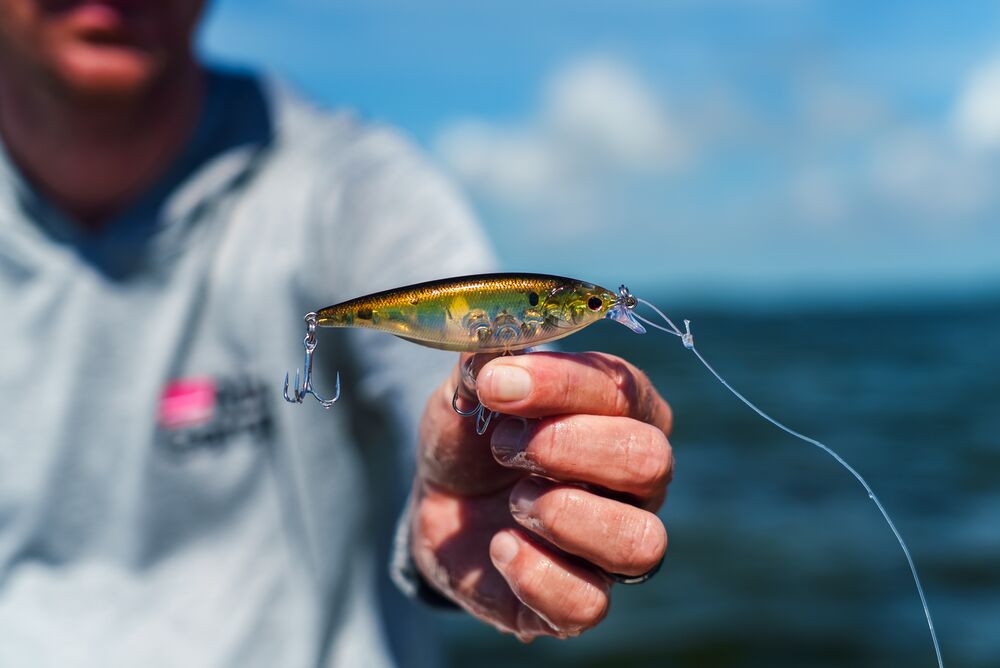 A close-up of a person holding a metallic gold and silver fishing lure with a clear diving lip and treble hooks, with a blurred ocean and blue sky background.