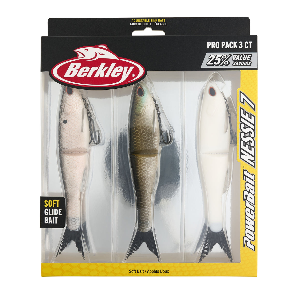 Berkley PowerBait Nessie Pro Pack 3 CT soft glide bait package containing three soft plastic fishing lures in a clear blister pack with a black and yellow cardboard backing.