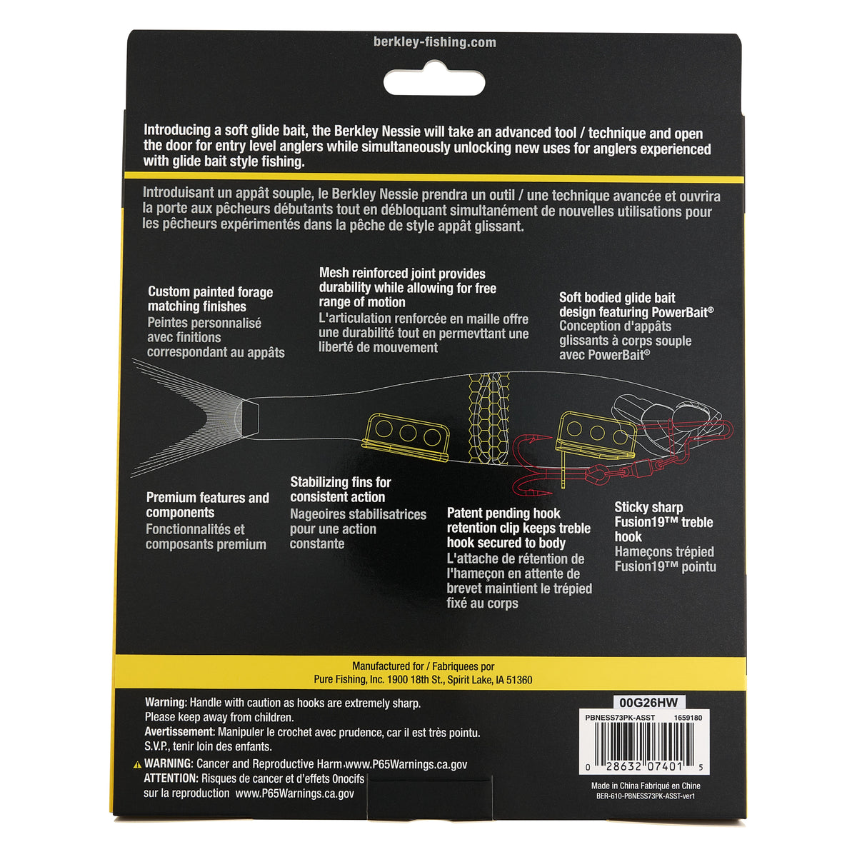 Back of a Berkery Nessie soft glide bait packaging, showing product features and diagrams on a black background with yellow text bands.