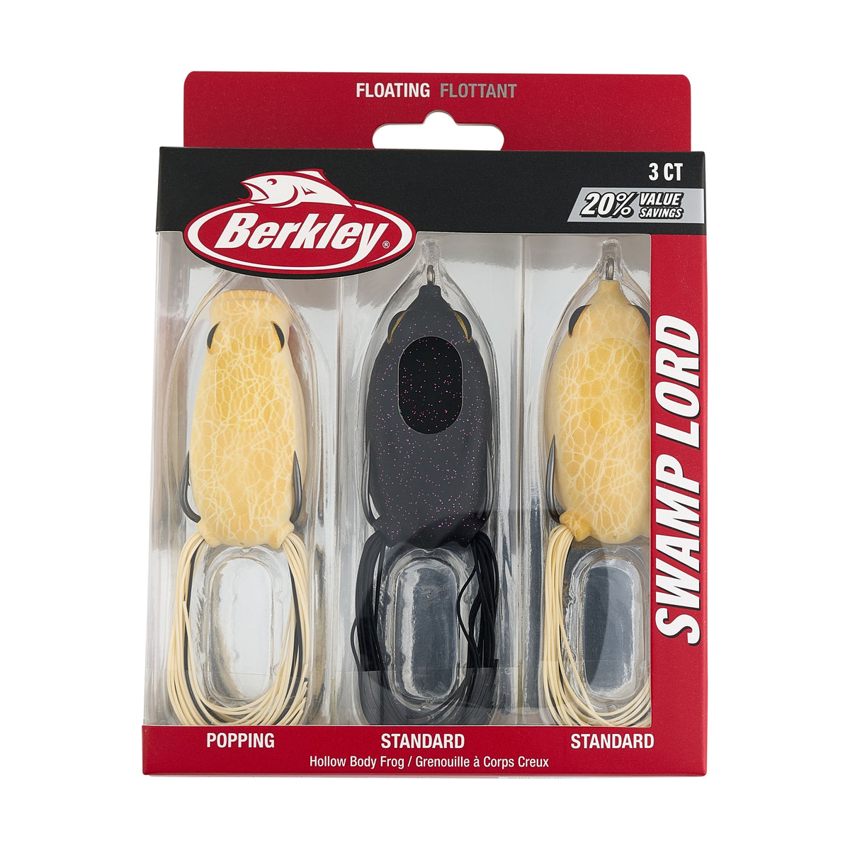 Berkley Swamp Lord 3-pack fishing lures in retail blister packaging, featuring two yellow-green frog lures and one black paddle-tail lure.