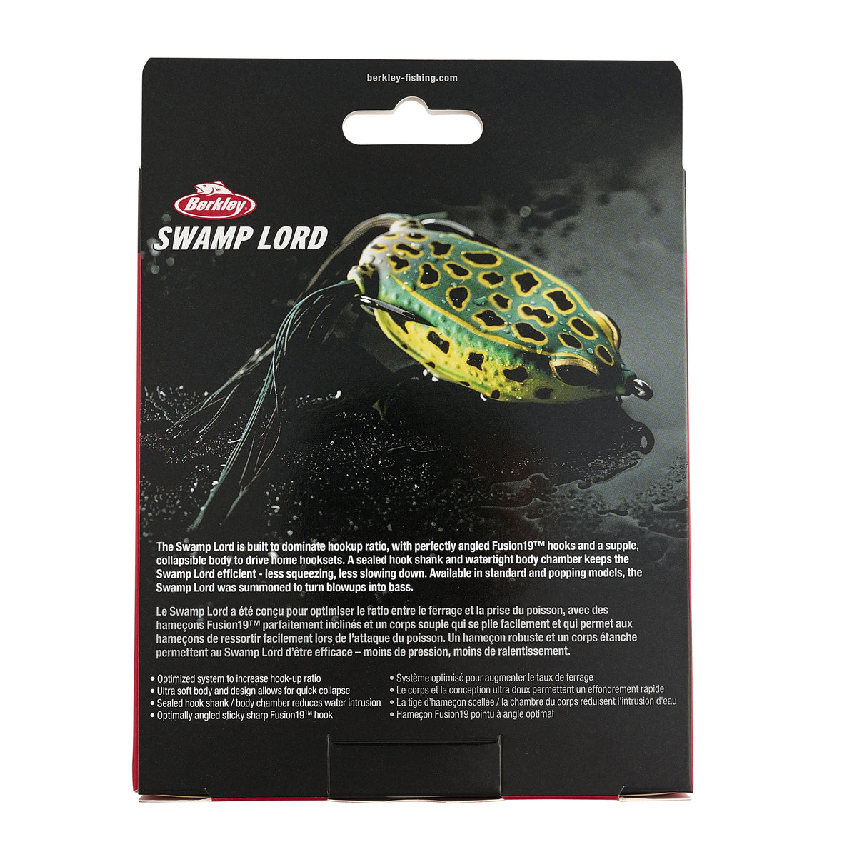 Berkley Swamp Lord fishing lure in its original retail packaging, featuring a black and dark gray card with product details, a die-cut window showing the green and yellow patterned lure, and the Berkley brand logo.