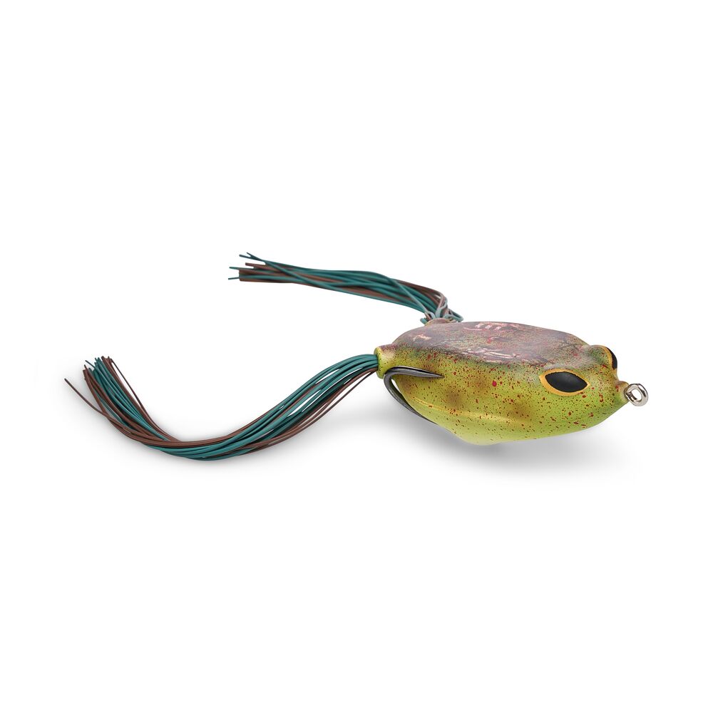 A frog-shaped fishing lure with a textured yellow-green body, dark brown and teal skirt strands, and a metal eye detail, shown on a plain white background.