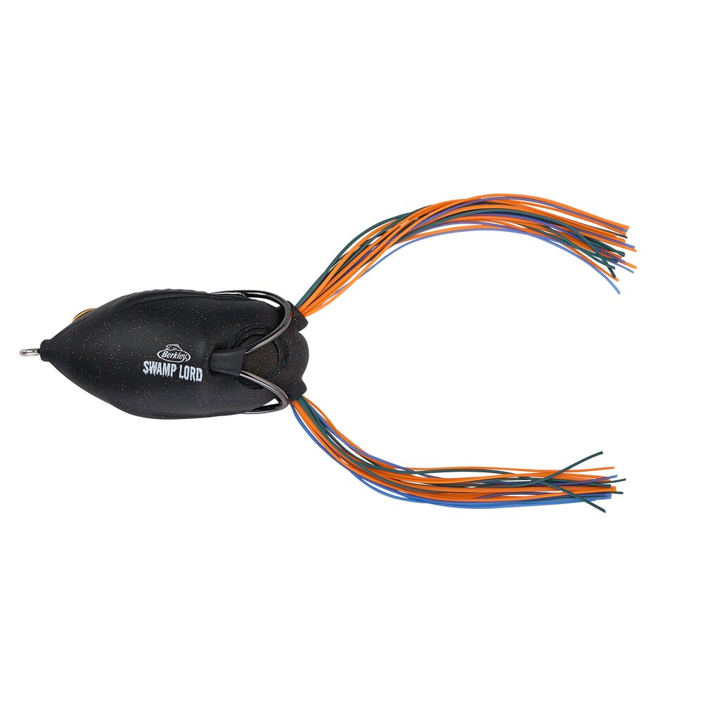 A black swimbait lure with a white printed logo reading 'Swamp lord' and a multicolor skirt made of orange, blue, and black strands, shown on a plain white background.