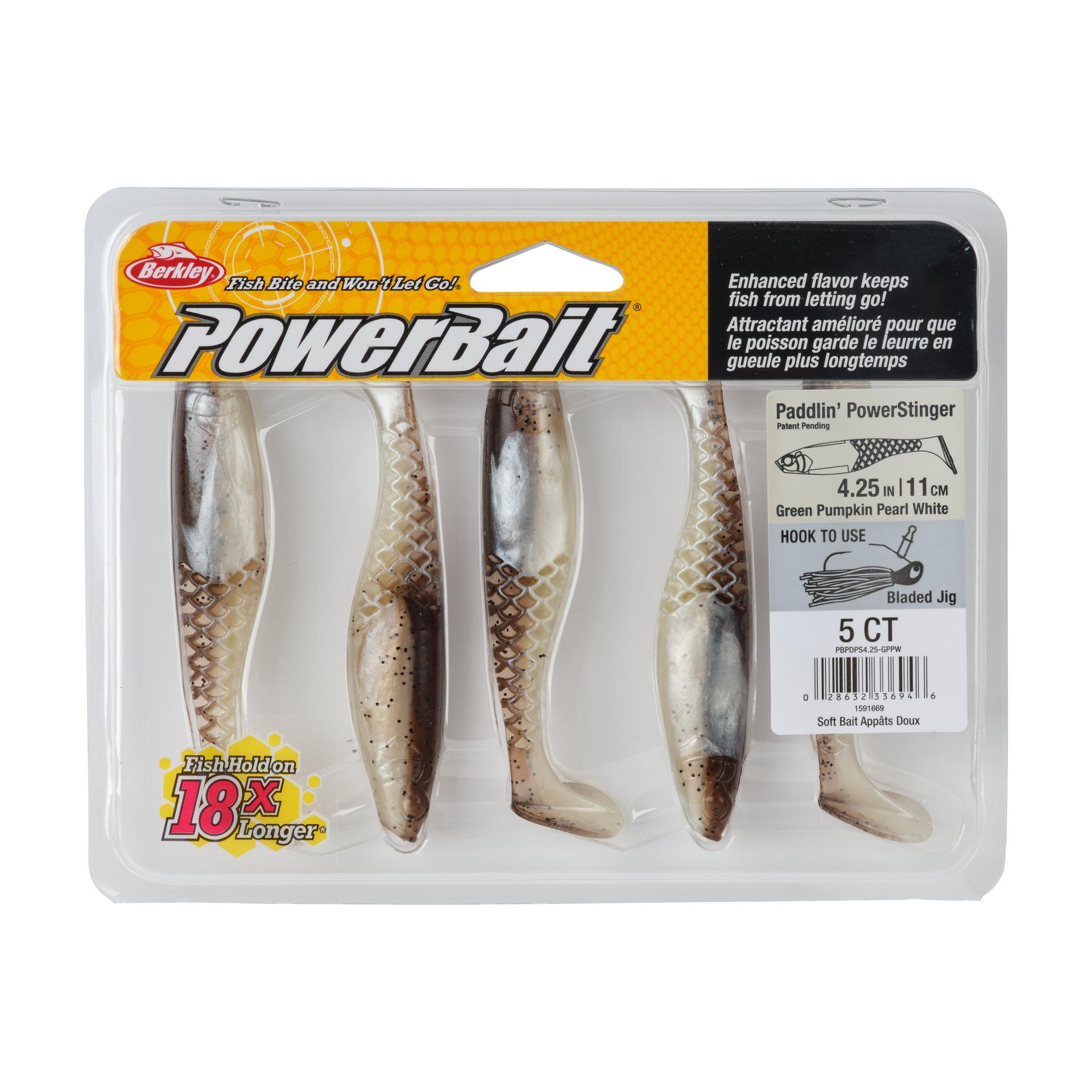 Berkley PowerBaitPaddlinPowerStinger GreenPumpkinPearlWhite 4.25in PKG | Berkley Fishing