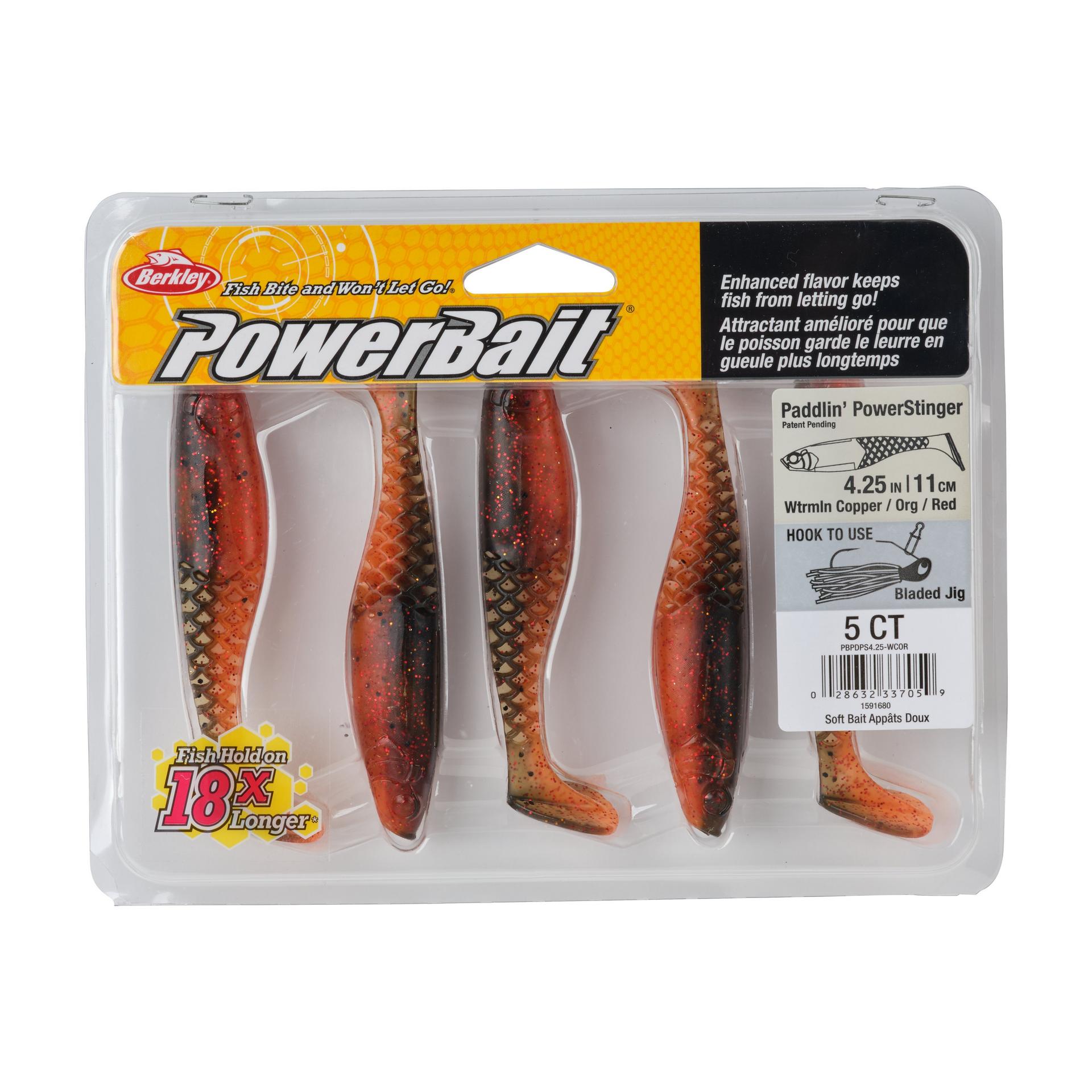 Berkley PowerBaitPaddlinPowerStinger WatermelonCopperOrangewRed 4.25in PKG | Berkley Fishing