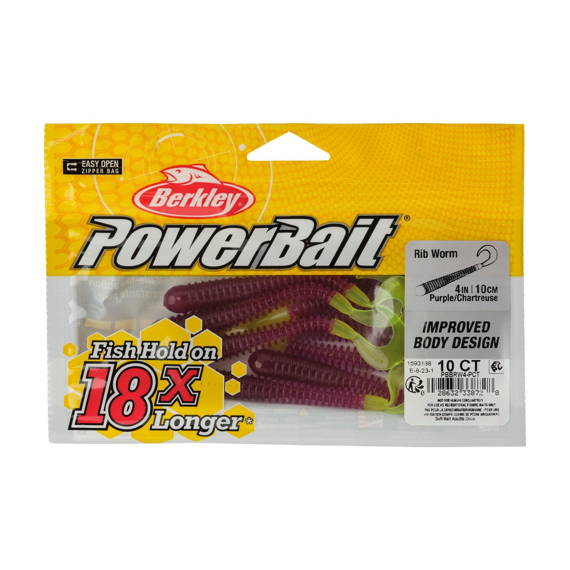 Berkley PowerBaitRibWorm PurpleChartreuse 4in PKG | Berkley Fishing