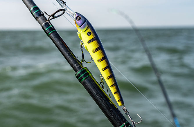 crank bait hooked up on a fishing rod with water in the background 