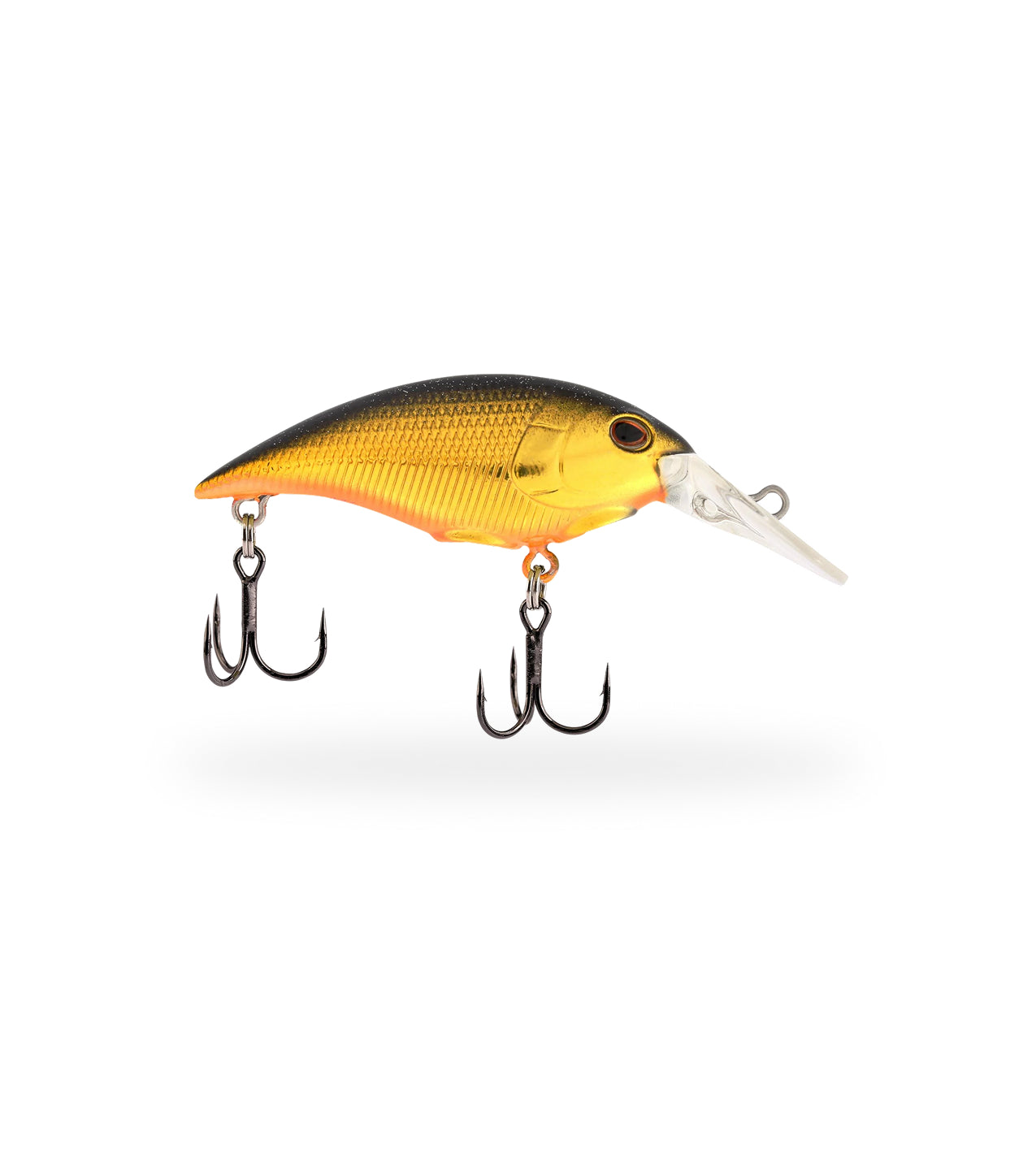 Yellow and black fishing lure with multiple hooks on a white background