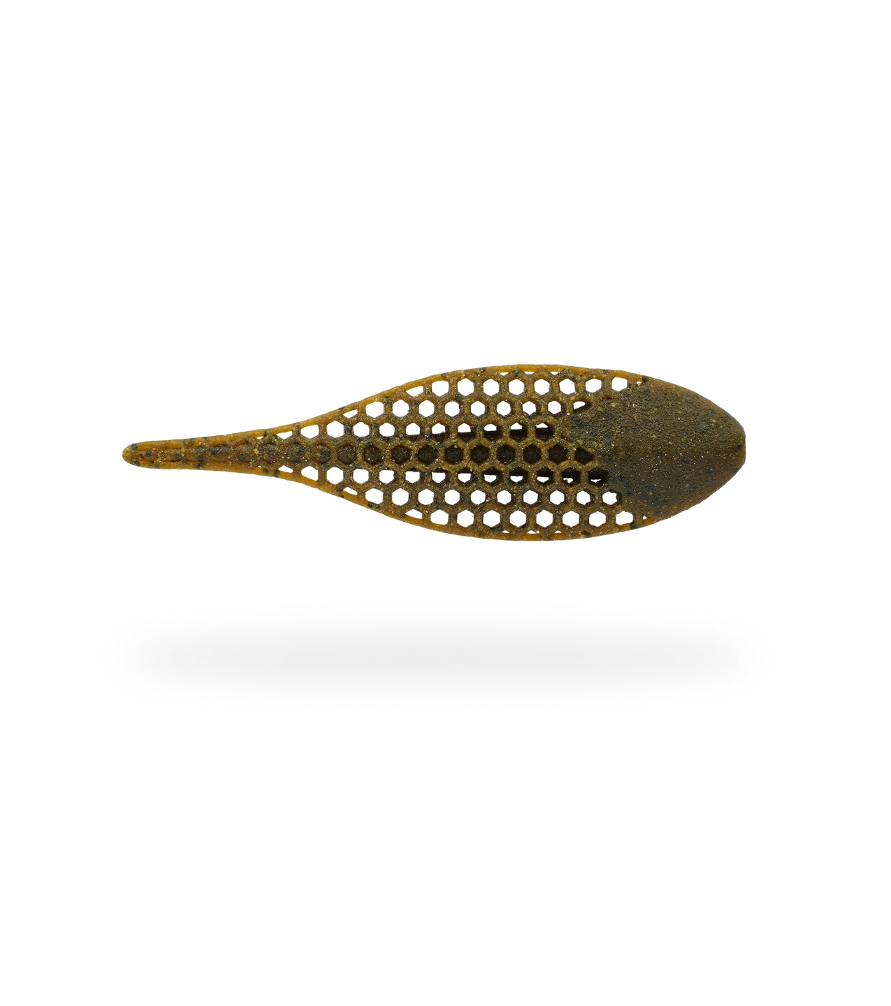 Brown fishing lure with a textured surface on a white background