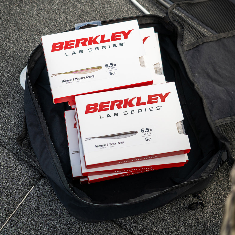 Berkley Lab Series fishing lures in packaging on a gray surface