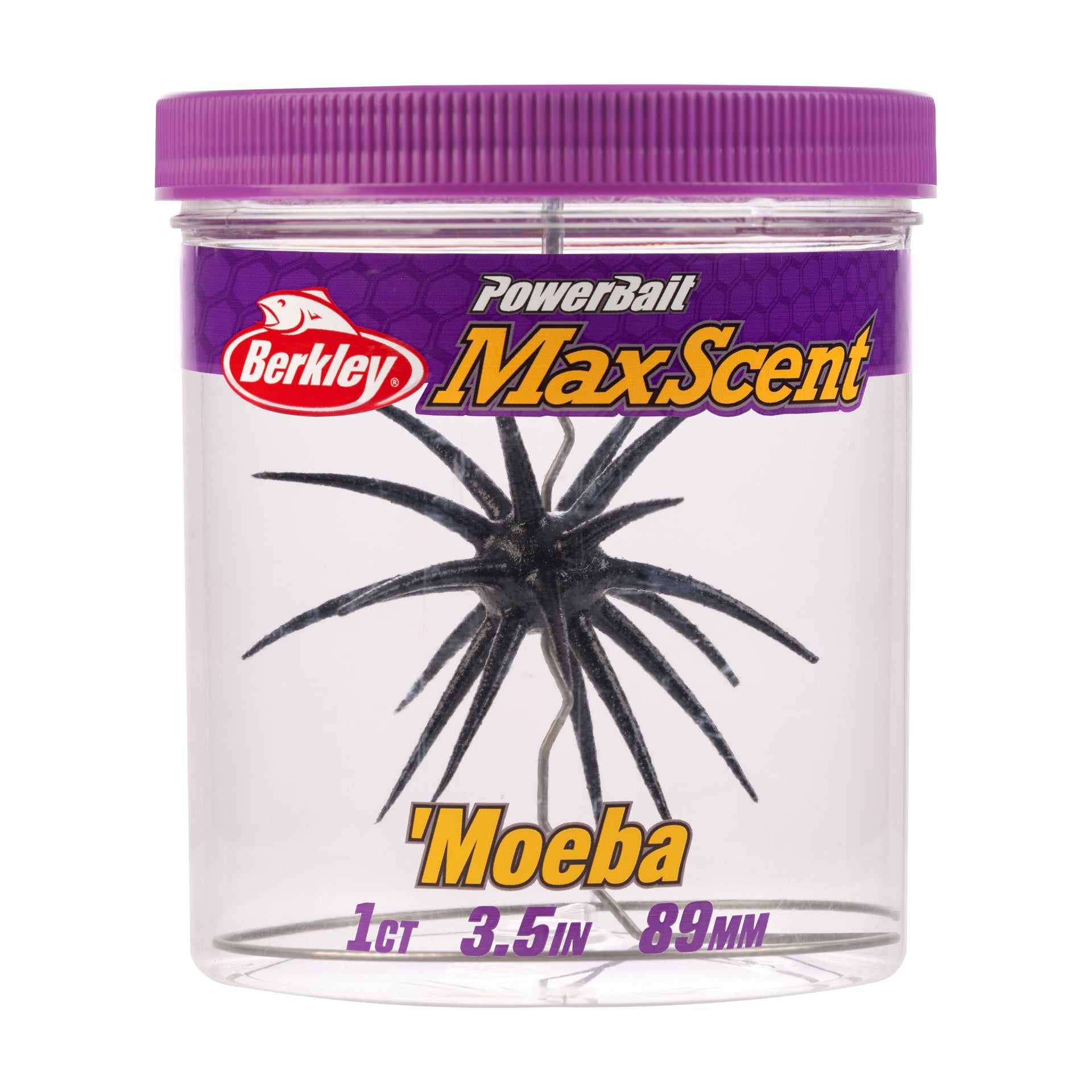 Berkley PowerBait MaxScent Moeba fishing lure in a clear container with a purple lid.