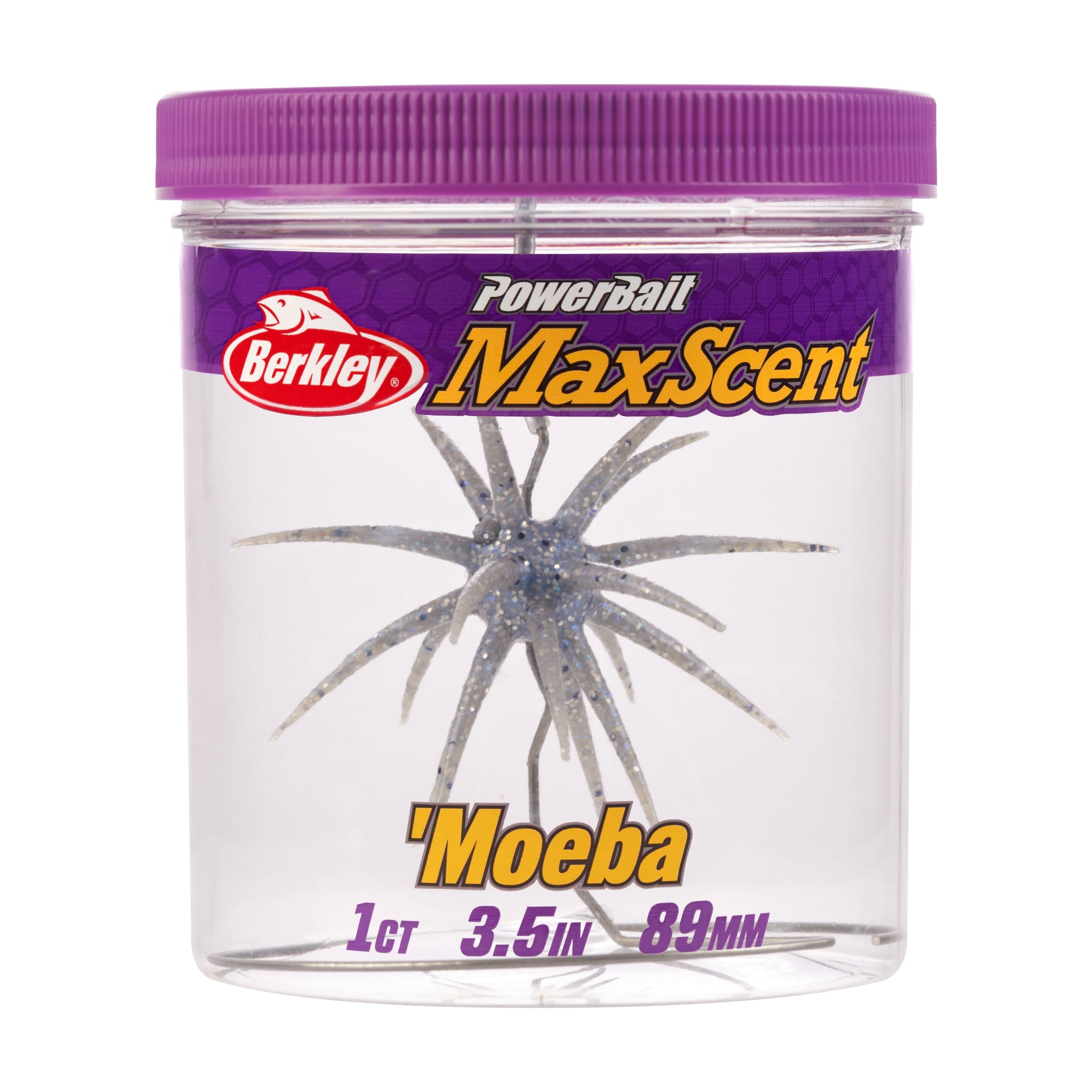 Berkley Powerbait MaxScent Moeba fishing lure in a clear container with purple lid