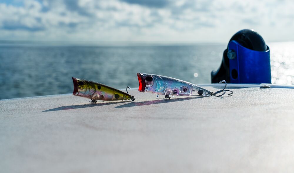Two fishing lures placed on a white surface with the ocean and cloudy sky in the background. One lure is yellow-green with black striping, and the other is silver with red and purple details.