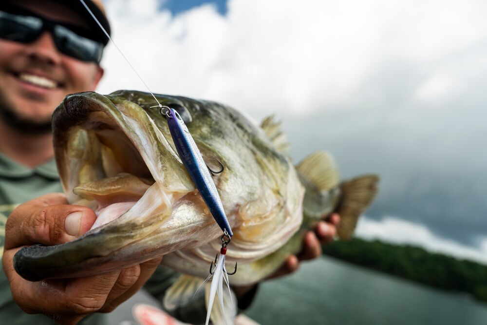 A close-up lifestyle shot of a fisherman holding a largemouth bass with its mouth wide open, showing a blue and silver paddle tail fishing lure hooked in the fish's mouth. The background shows a blurred outdoor lake and cloudy sky.