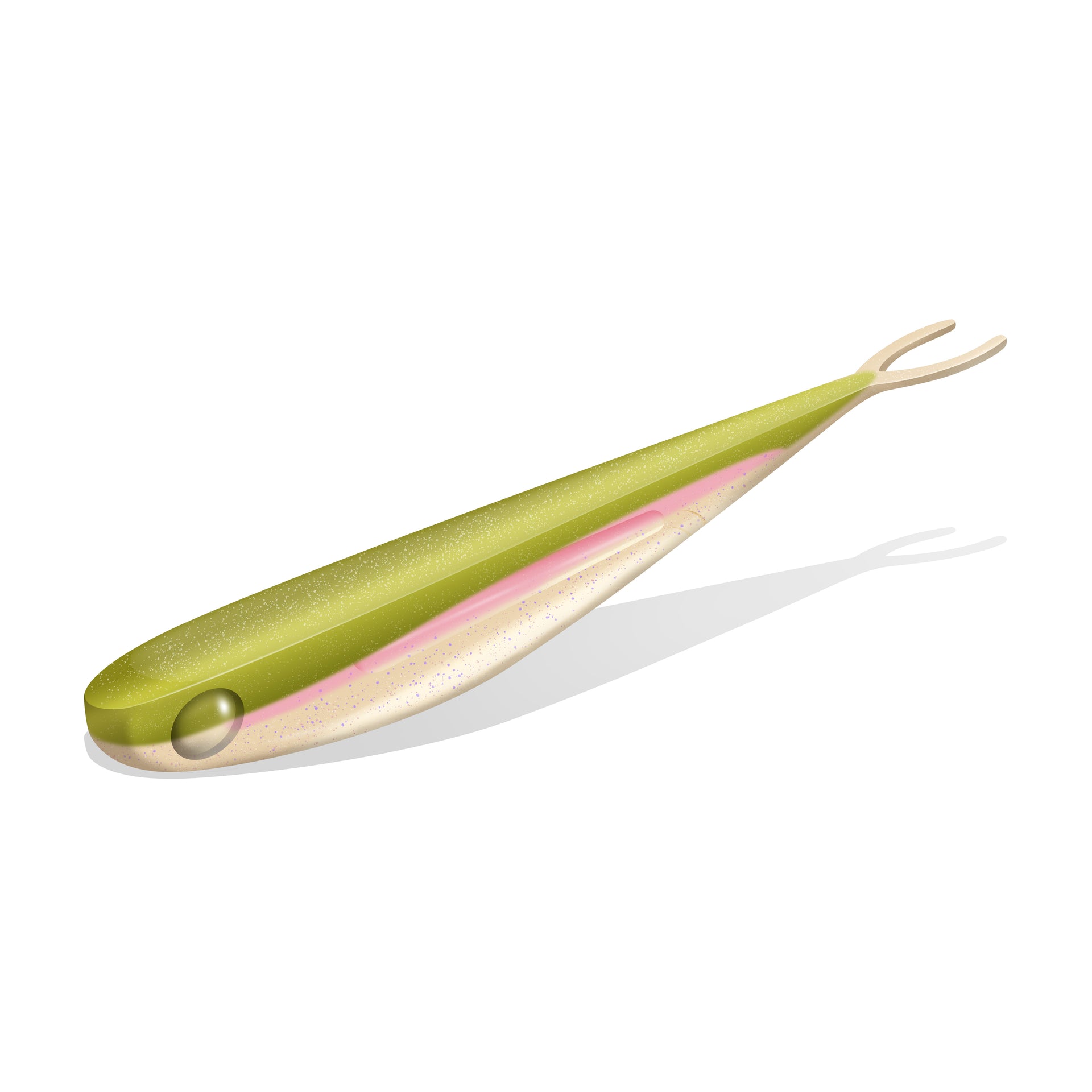 Green and pink fishing lure on a white background