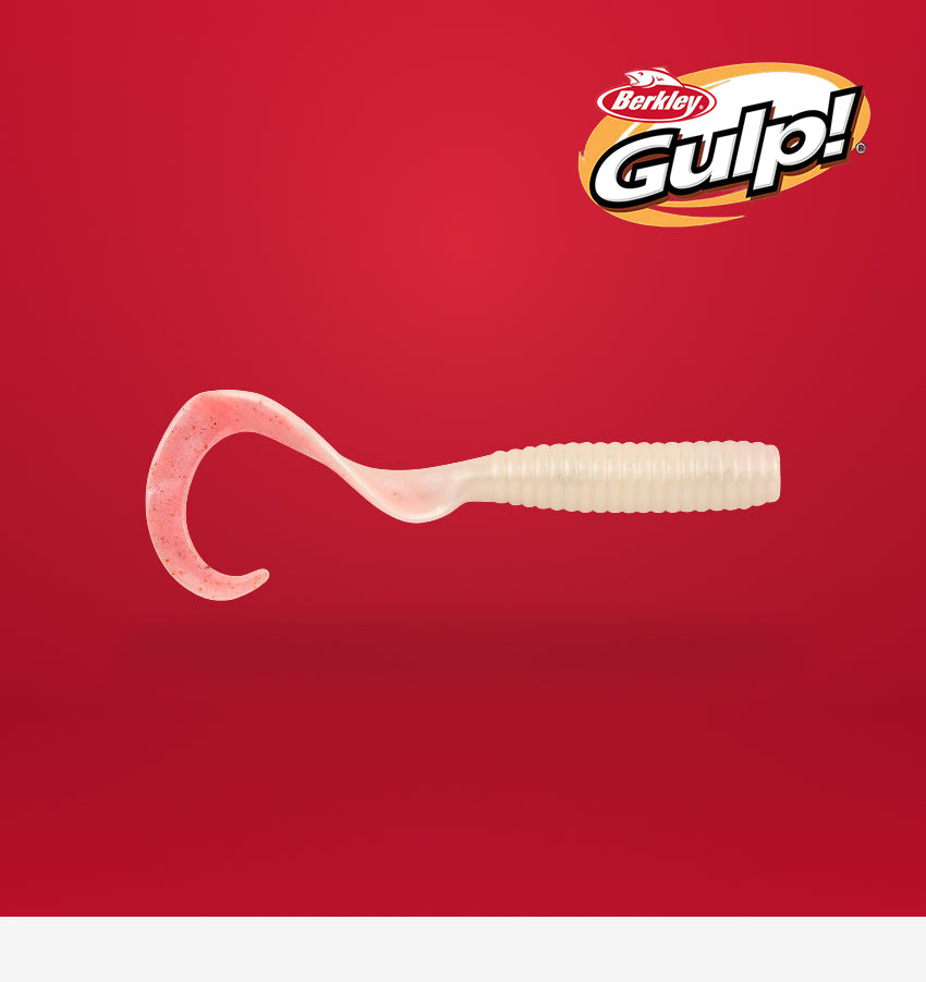 Berkley Gulp! fishing lure on a red background with the brand logo.