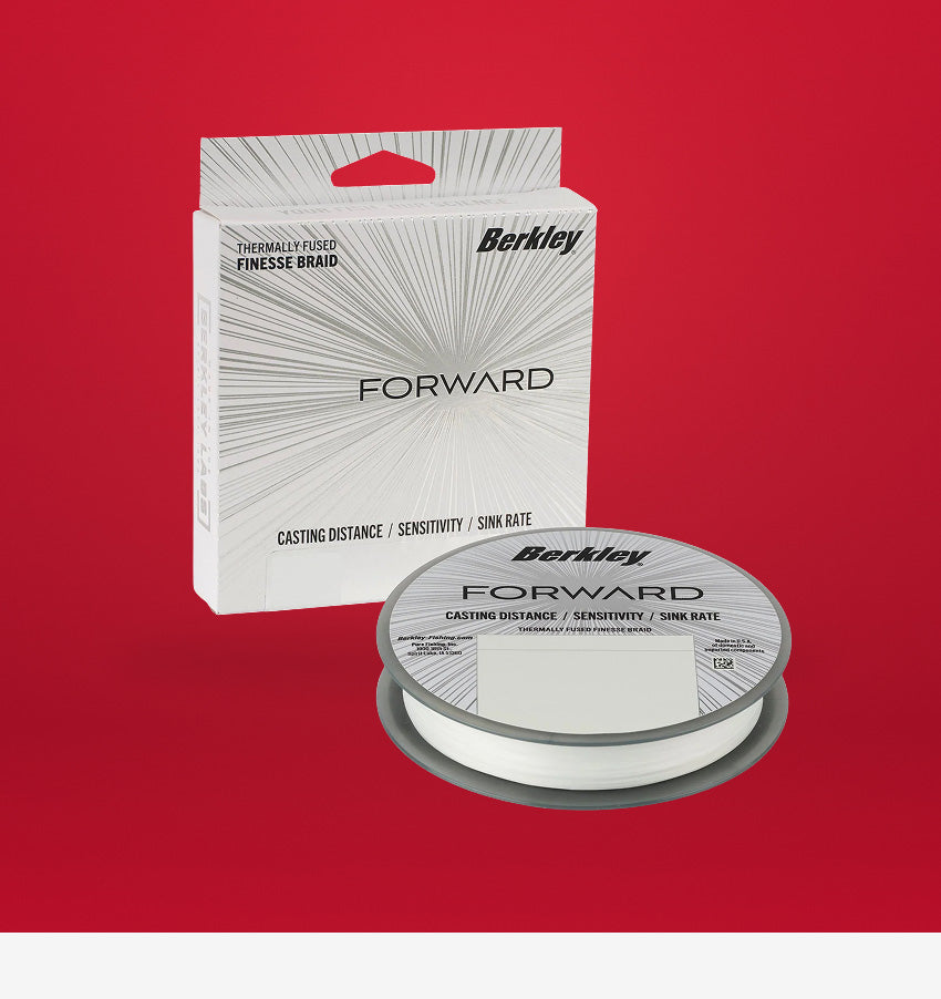 Berkley Forward fishing line packaging and spool on a red background