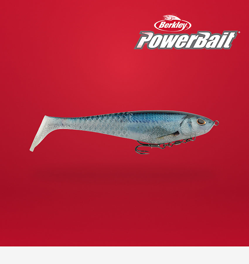 Fishing lure with Berkley PowerBait logo on a red background