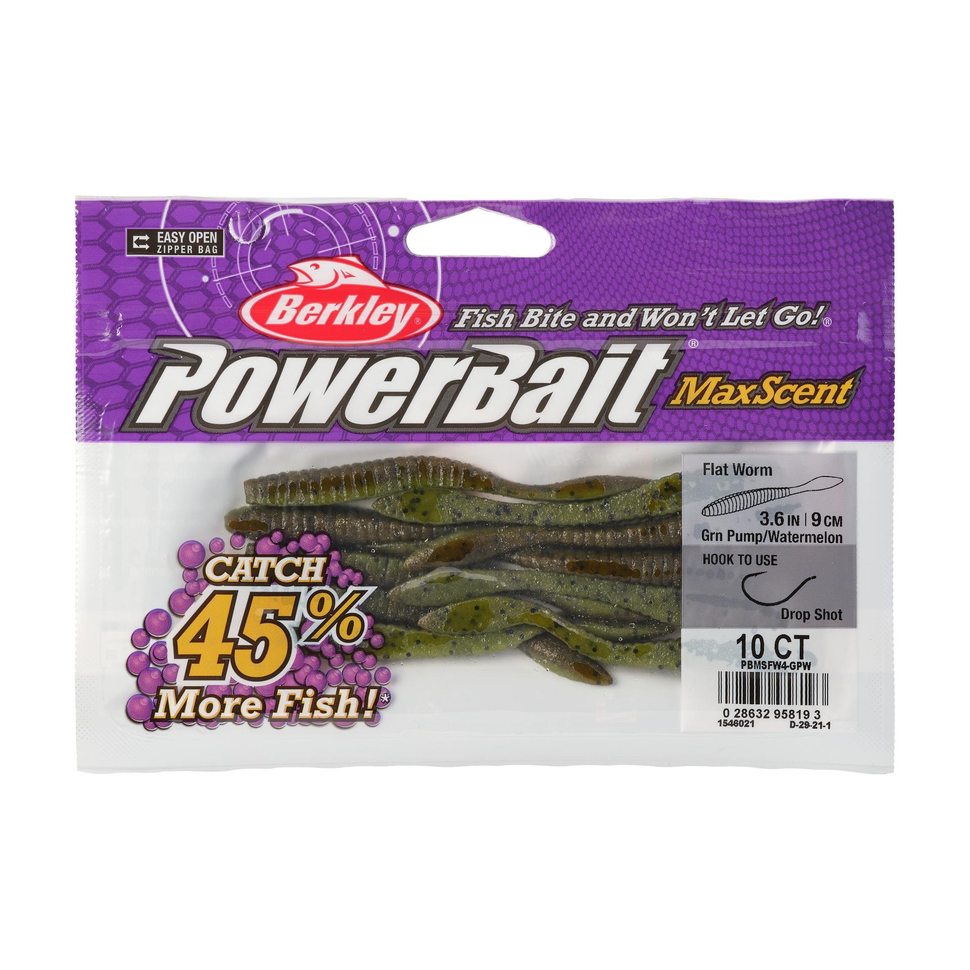 PowerBaitMaxScentFlatWorm GreenPumpkinWtrmln 3.6in PKG | Berkley Fishing