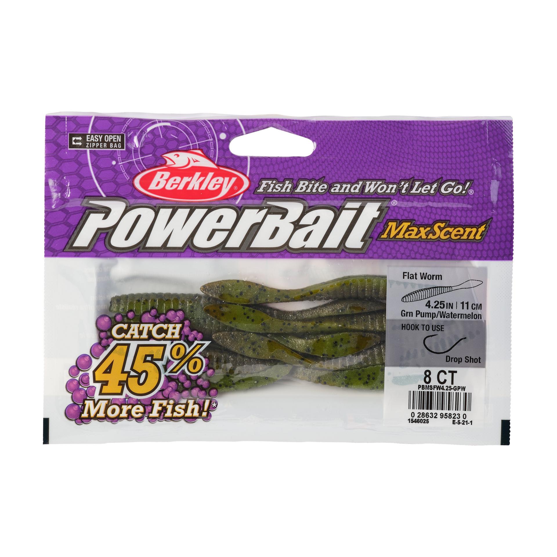 PowerBaitMaxScentFlatWorm GreenPumpkinWtrmln 4.25in PKG | Berkley Fishing