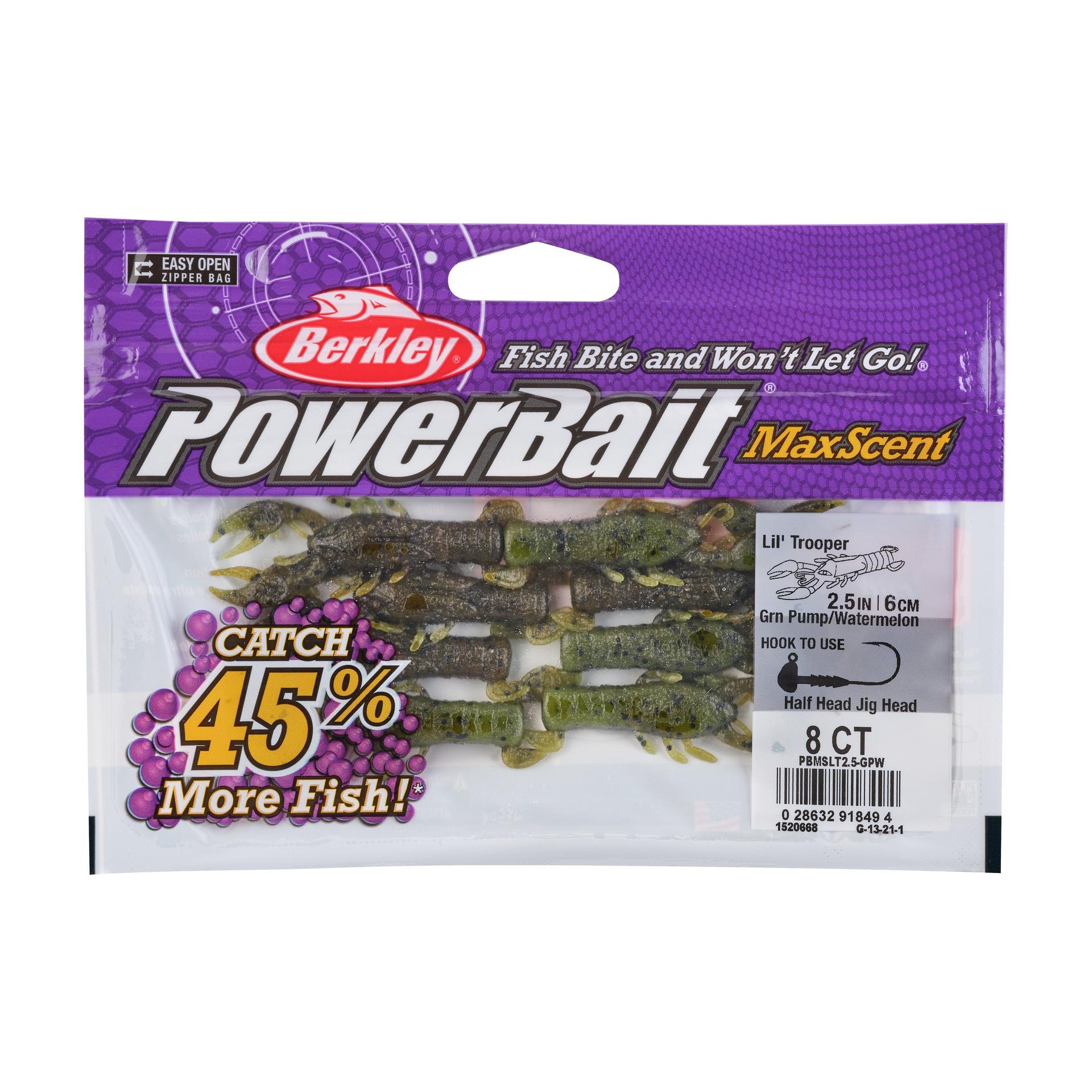 PowerBaitMaxScentLilTrooper GreenPumpkinWtrmln 2.5in PKG | Berkley Fishing